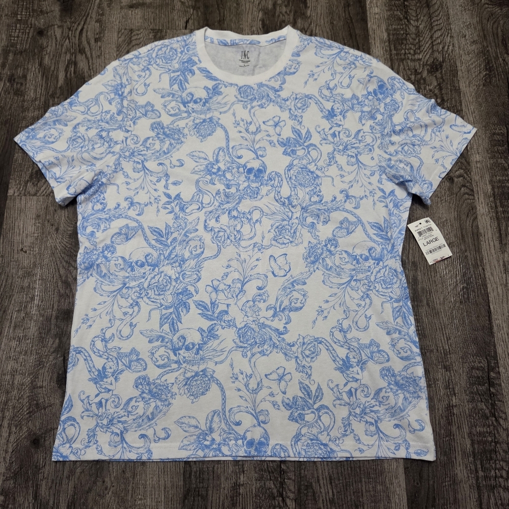 INC International Concepts White Tee with Light Blue Floral Toile